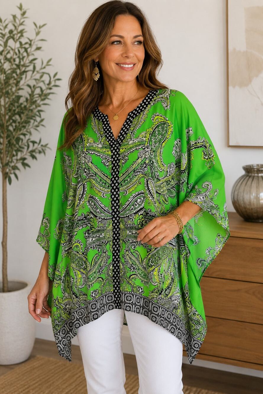 Susan Graver Liquid Knit Tunic Medium Lime Green Paisley Kaftan V‑Neck